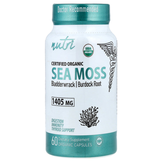 Nutri Organic Sea Moss 60 organic capsules bottle, front of pack