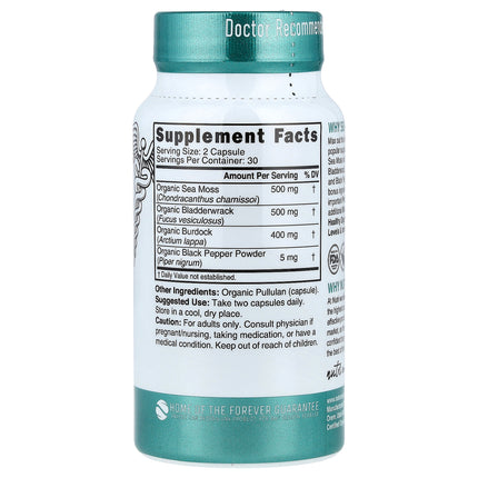 Nutri Organic Sea Moss 60 capsules back label with supplement facts, ingredients and directions