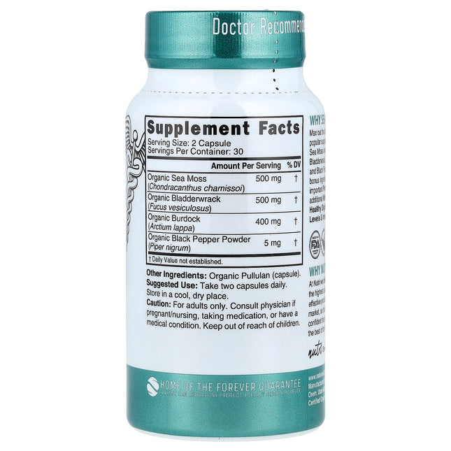 Nutri Organic Sea Moss 60 capsules back label with supplement facts, ingredients and directions
