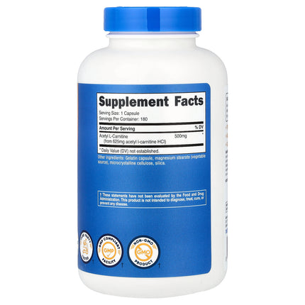 Nutricost Acetyl L-Carnitine, 500 mg 180 Capsules - back label with supplement facts and ingredients