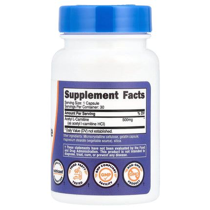 Nutricost Acetyl L-Carnitine, 500 mg 30 Capsules - back label with supplement facts and ingredients