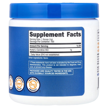 Nutricost Acetyl L-Carnitine HCl, Unflavored 100 g (3.6 oz) - back label with supplement facts and ingredients