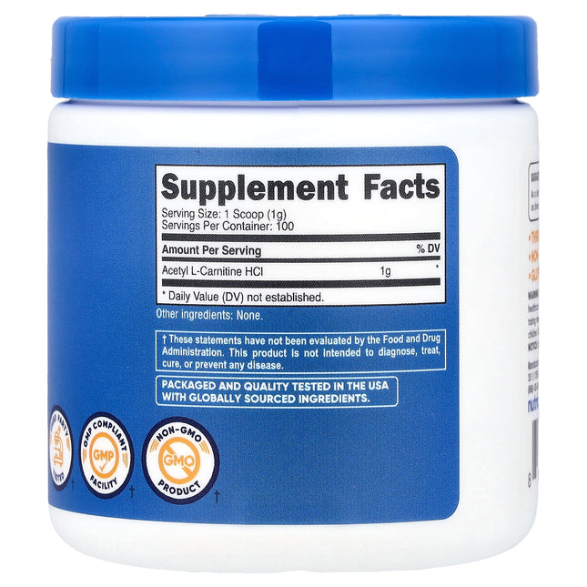 Nutricost Acetyl L-Carnitine HCl, Unflavored 100 g (3.6 oz) - back label with supplement facts and ingredients