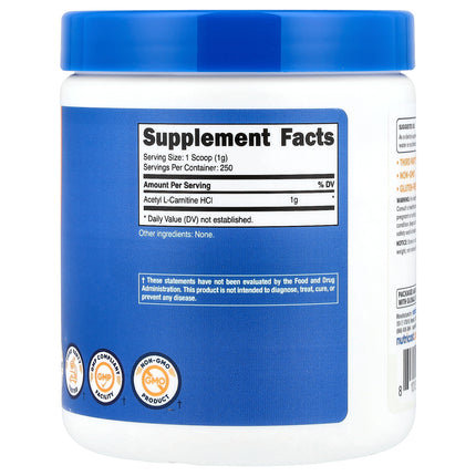 Nutricost Acetyl L-Carnitine, Unflavored 250 g (8.9 oz) - back label with supplement facts and ingredients