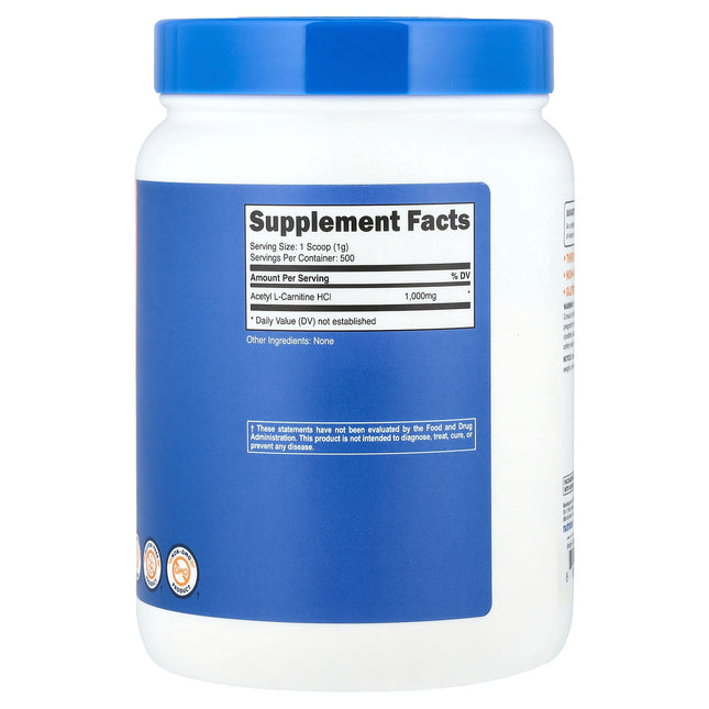 Nutricost Acetyl L-Carnitine, Unflavored 500 g (1.1 lb) - back label with supplement facts and ingredients