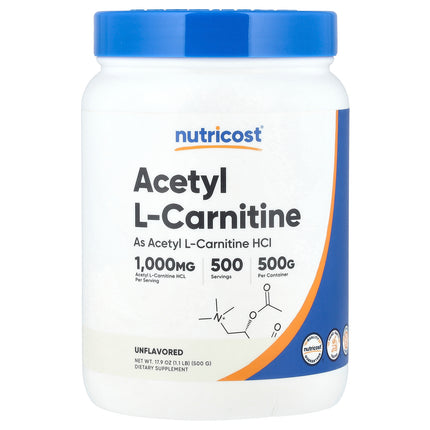 Nutricost Acetyl L-Carnitine, Unflavored 500 g (1.1 lb) - front of pack