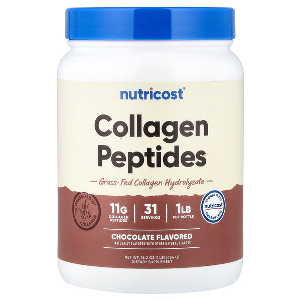 Nutricost chocolate collagen powder, grass-fed collagen peptides, 454 g tub with 31 servings