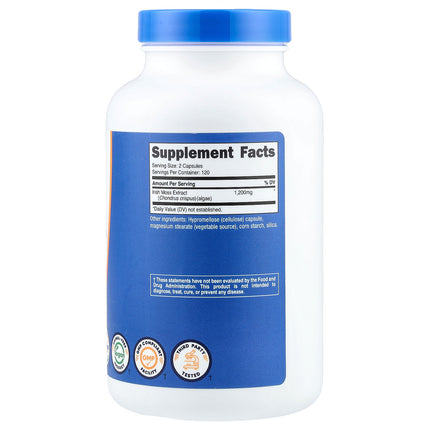 Nutricost Irish Sea Moss 240 capsules back label with supplement facts and ingredients