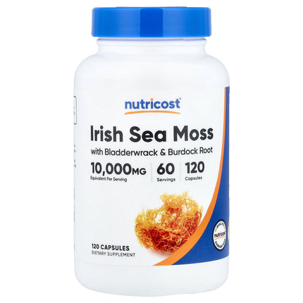 Nutricost Irish Sea Moss with Bladderwrack and Burdock Root 120 capsules bottle, front of pack