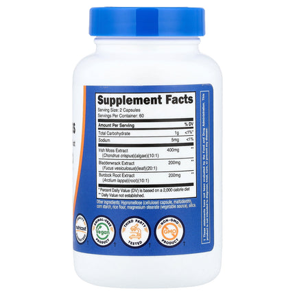Nutricost Irish Sea Moss 120 capsules back label with supplement facts and ingredients