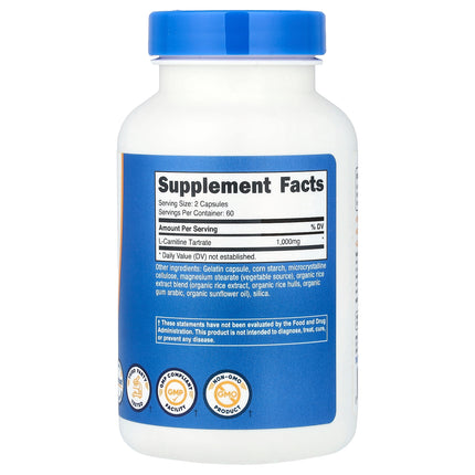 Nutricost L-Carnitine Tartrate, 500 mg per Capsule 120 Capsules - back label with supplement facts and ingredients