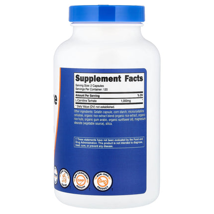 Nutricost L-Carnitine Tartrate, 500 mg per Capsule 240 Capsules - back label with supplement facts and ingredients