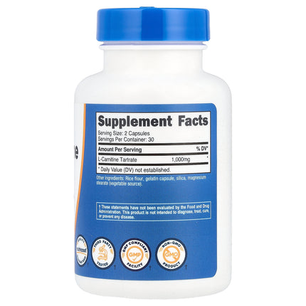 Nutricost L-Carnitine Tartrate, 500 mg per Capsule 60 Capsules - back label with supplement facts and ingredients