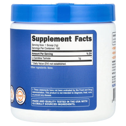 Nutricost L-Carnitine Tartrate, Unflavored 100 g (3.5 oz) - back label with supplement facts and ingredients