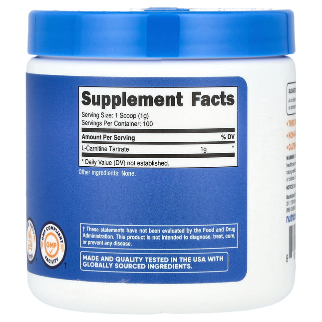 Nutricost L-Carnitine Tartrate, Unflavored 100 g (3.5 oz) - back label with supplement facts and ingredients