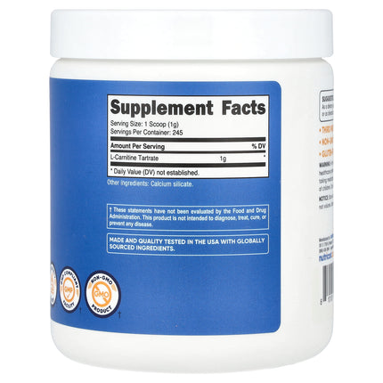 Nutricost L-Carnitine Tartrate, Unflavored 250 g (8.9 oz) - back label with supplement facts and ingredients