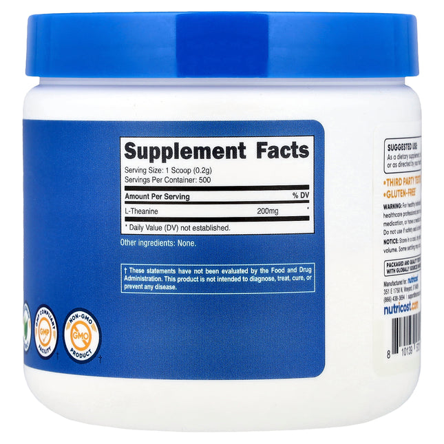 Nutricost L-Theanine, Unflavoured, 3.6 oz (100 g) - supplement facts and ingredients label