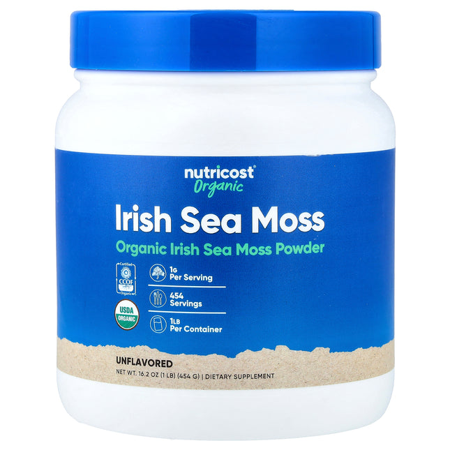 Nutricost Organic Irish Sea Moss Powder Unflavored 454 g tub, front of pack