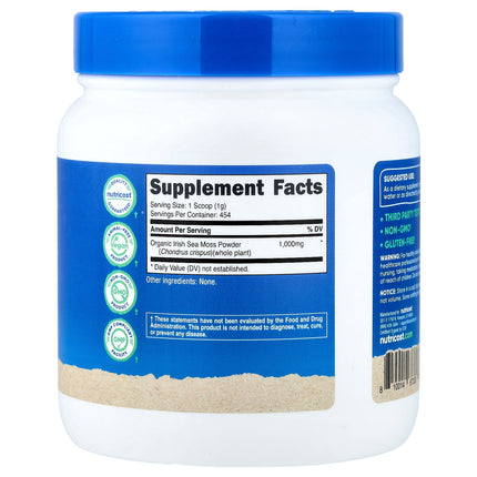Nutricost Organic Irish Sea Moss Powder 454 g tub back label with supplement facts and suggested use