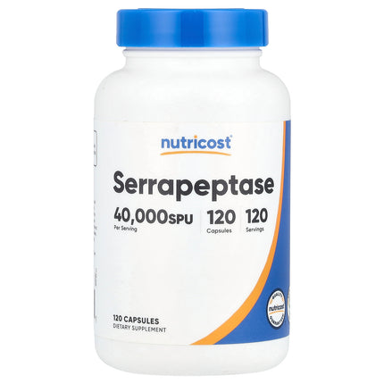 Nutricost Serrapeptase 20 mg (40,000 SPU) 120 Capsules bottle, front view