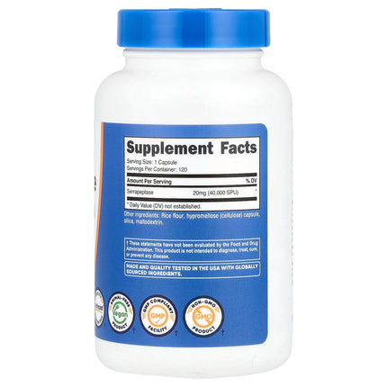 Nutricost Serrapeptase 20 mg (40,000 SPU) 120 Capsules bottle, back label with supplement facts