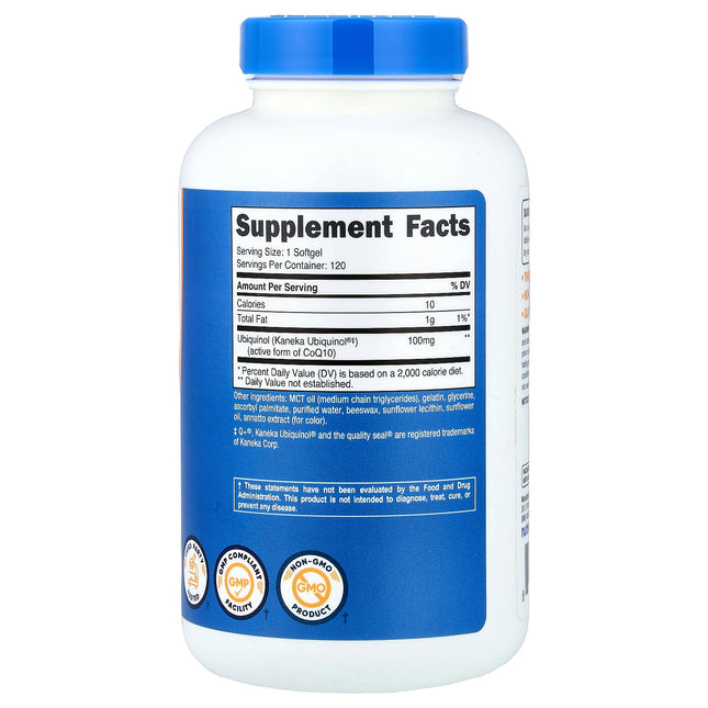 Nutricost ubiquinol 100 mg bottle showing supplement facts and ingredients