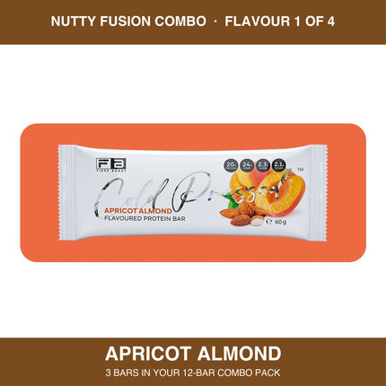 Fibre Boost Apricot Almond cold pressed protein bar, one of four flavours in the Nutty Fusion combo