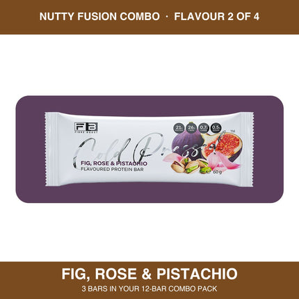 Fibre Boost Fig, Rose & Pistachio cold pressed protein bar, one of four flavours in the Nutty Fusion combo