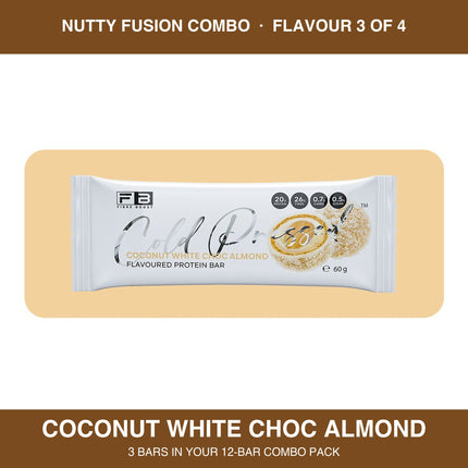 Fibre Boost Coconut White Choc Almond cold pressed protein bar, one of four flavours in the Nutty Fusion combo