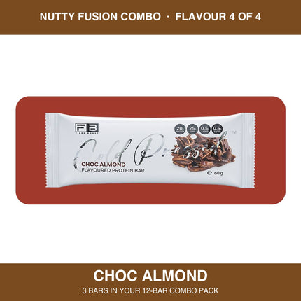 Fibre Boost Choc Almond cold pressed protein bar, one of four flavours in the Nutty Fusion combo
