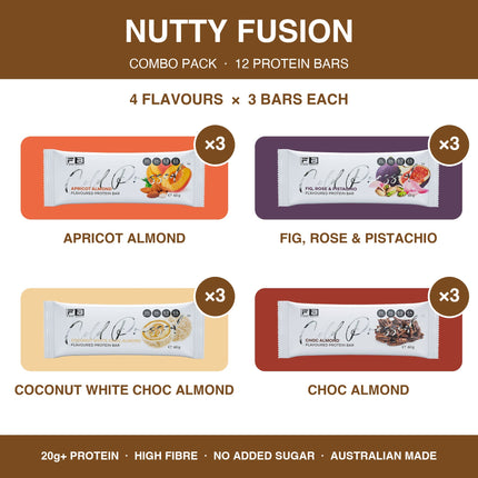 Fibre Boost Nutty Fusion almond and pistachio protein bar combo pack of 12: Apricot Almond, Fig Rose & Pistachio, Coconut White Choc Almond and Choc Almond bars