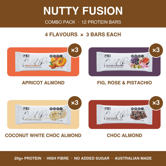 Fibre Boost Nutty Fusion almond and pistachio protein bar combo pack of 12: Apricot Almond, Fig Rose & Pistachio, Coconut White Choc Almond and Choc Almond bars