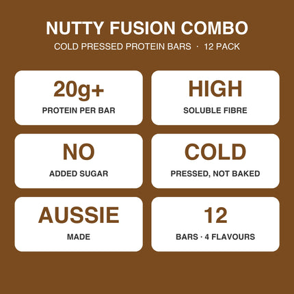 Nutty Fusion combo benefits: 20g+ protein per bar, high soluble fibre, no added sugar, cold pressed, Australian made, 12 bars