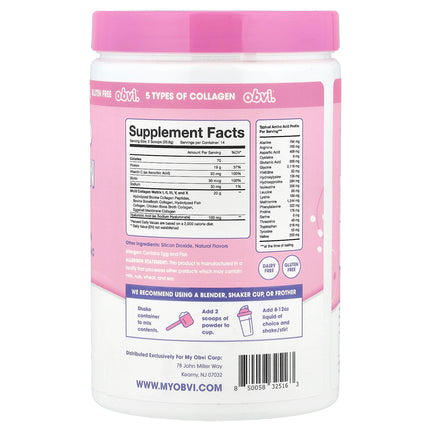 Obvi Collagen Peptides, Unflavoured - Back label with supplement facts and ingredients