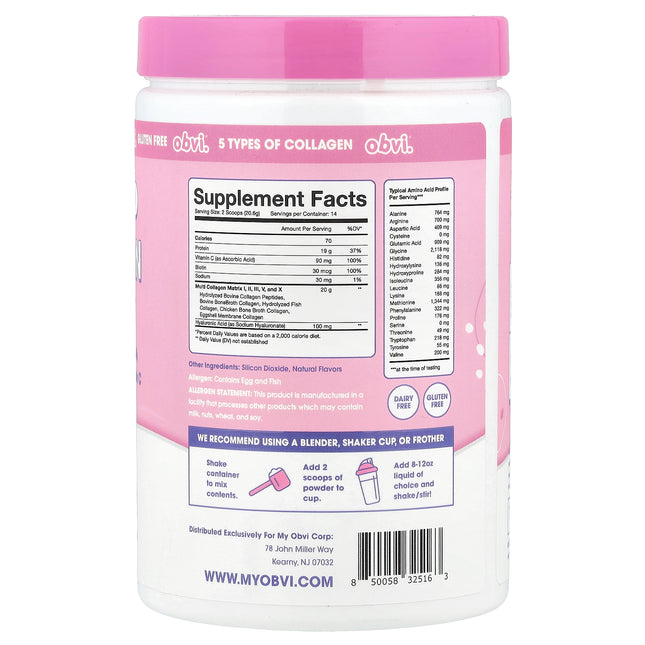 Obvi Collagen Peptides, Unflavoured - Back label with supplement facts and ingredients
