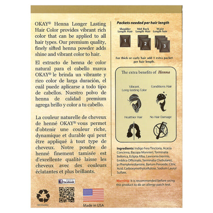 Okay Pure Naturals Henna Hair Colour Black 2 oz (56.7 g) – back label with ingredients and directions