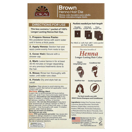 Okay Pure Naturals Henna Hair Colour Brown 2 oz (56.7 g) – back label with ingredients and directions