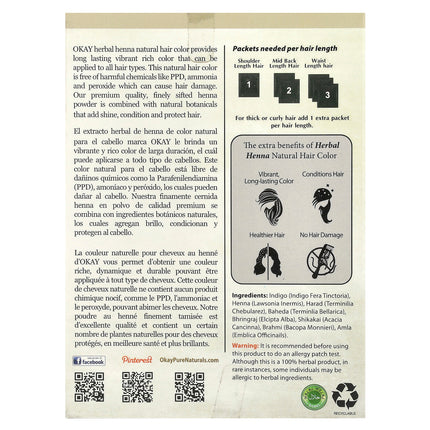 Okay Pure Naturals Henna Hair Colour Black 2 oz (56.7 g) – back label with ingredients and directions