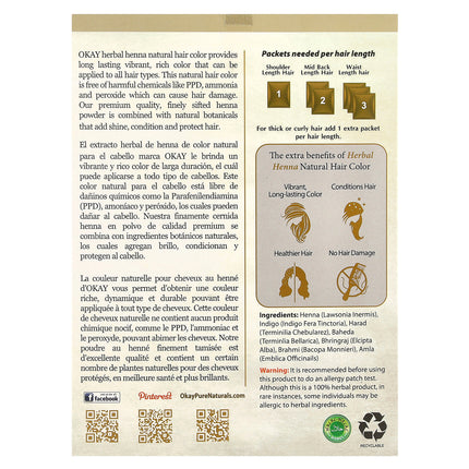 Okay Pure Naturals Henna Hair Colour Light Brown 2 oz (56.7 g) – back label with ingredients and directions