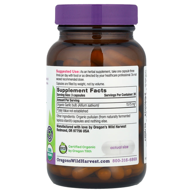 Oregon's Wild Harvest Organic Garlic 90 Organic Vegan Capsules - back label with Supplement Facts