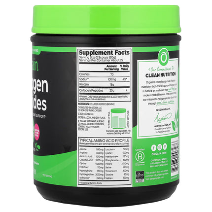 Orgain Collagen Peptides, Unflavoured - Back label with supplement facts and ingredients