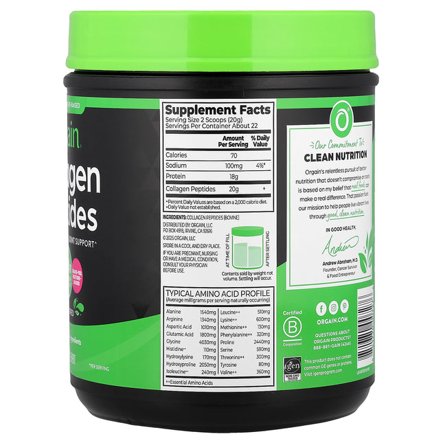 Orgain Collagen Peptides, Unflavoured - Back label with supplement facts and ingredients