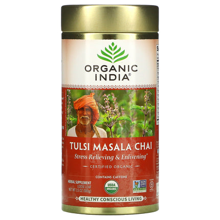 Organic India Tulsi Masala Chai 100g loose leaf tin, front of tin