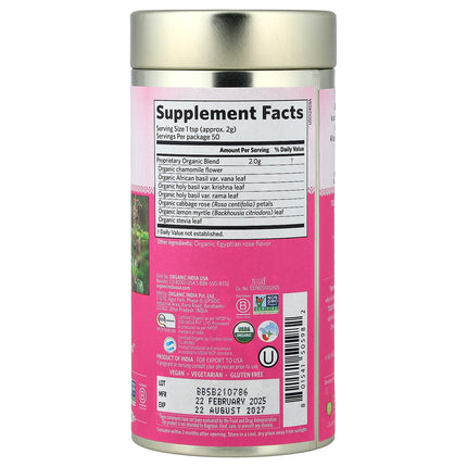 Organic India Tulsi Sweet Rose 100g loose leaf tin, back label with ingredients