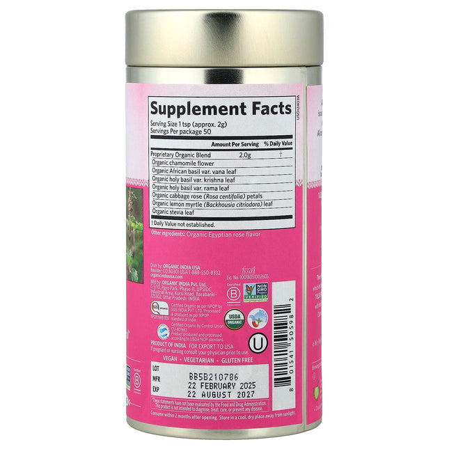 Organic India Tulsi Sweet Rose 100g loose leaf tin, back label with ingredients