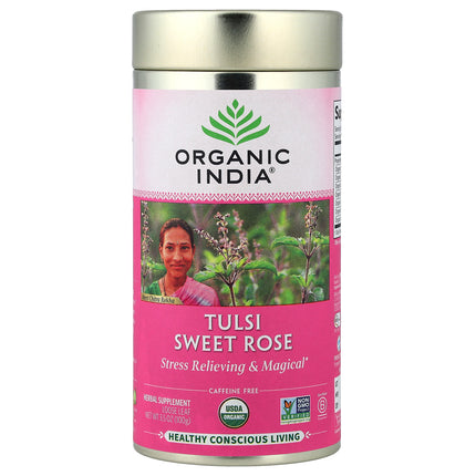 Organic India Tulsi Sweet Rose 100g loose leaf tin, front of tin