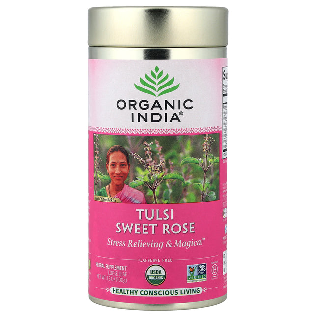 Organic India Tulsi Sweet Rose 100g loose leaf tin, front of tin