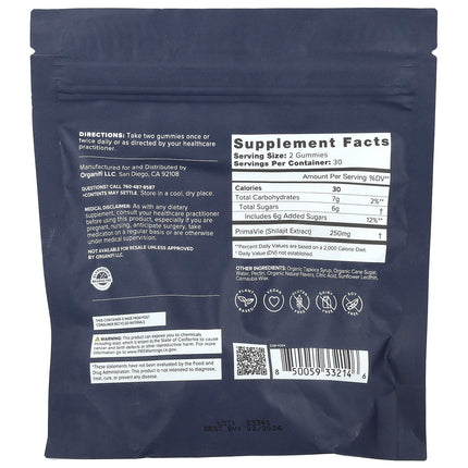 Organifi Shilajit Gummies Vanilla Cinnamon 60 Gummies - back label with supplement facts
