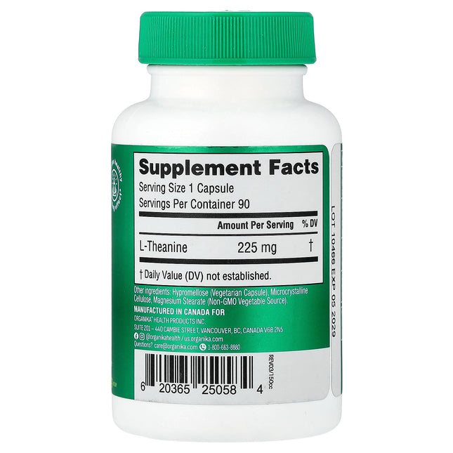 Organika L-Theanine, 225 mg, 90 Vegetarian Capsules - supplement facts and ingredients label