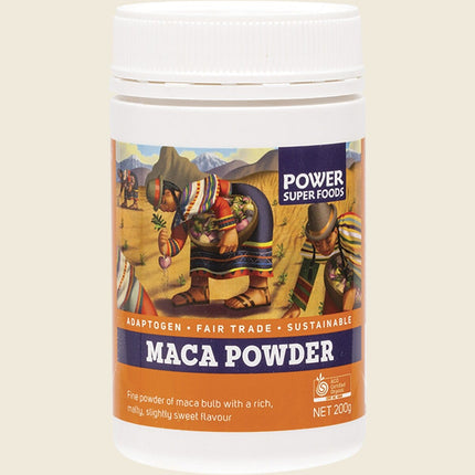 Power Super Foods Certified Organic Maca Powder 200g tub, front of pack